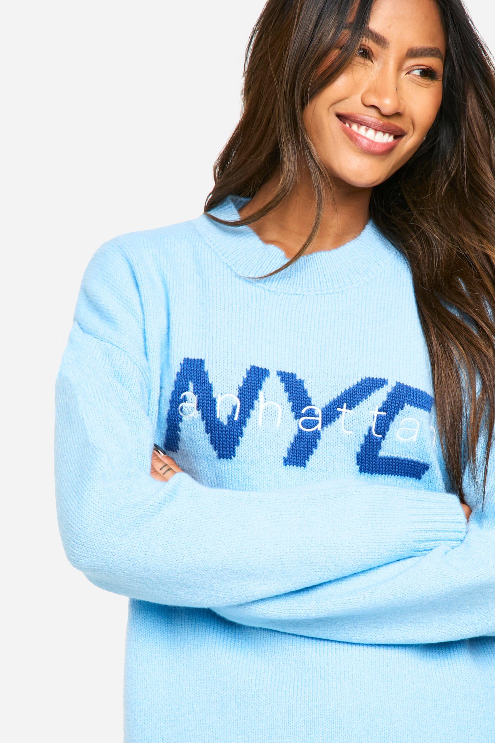 Boohoo Women s Nyc Oversized Knitted Crew Neck Jumper Blue